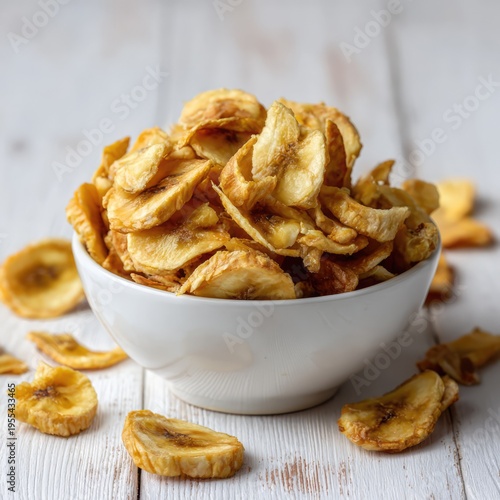 Crispy Banana Chips in a Bowl on White Wooden Surface.