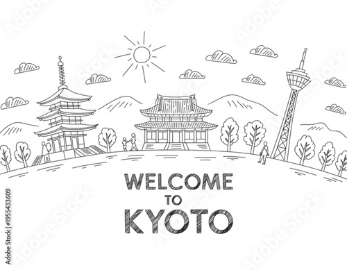 Line art illustration featuring the iconic architecture and landmarks of the city of kyoto japan Vector