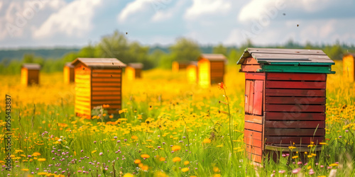 Bright wooden beehives standing in a colorful flowering meadow under warm sunlight. Scenic apiary landscape with wildflowers, pollinator habitat, and sustainable beekeeping in nature