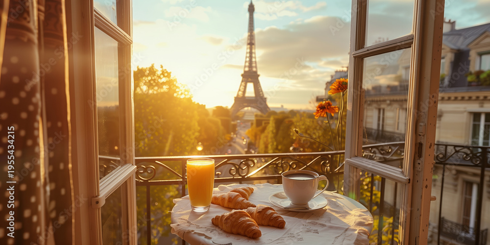 Obraz premium Breakfast with fresh croissants, coffee, and orange juice served on a balcony with a view of the Eiffel Tower in Paris at sunrise.