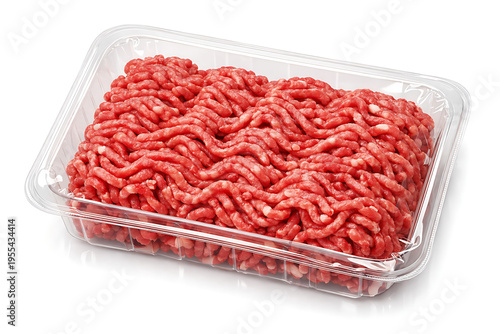 Raw fresh ground beef minced meat in a clear plastic packaging tray isolated on a white background