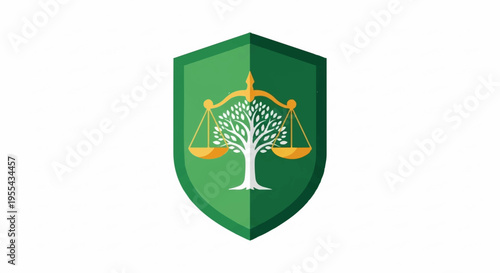 Green shield with golden scales and tree symbol on white background representing balance and harmony