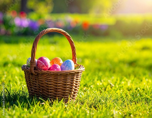 basket with easter eggs on grass