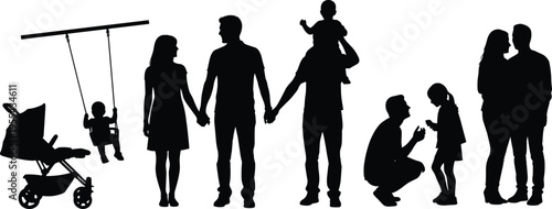 Family silhouettes set parents children baby stroller swing love care relationship people vector illustration isolated design collection concept