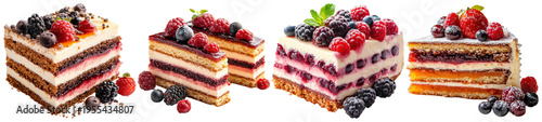 Foto A delectable photograph of raspberry chocolate cakes and slices, adorned with fresh berries