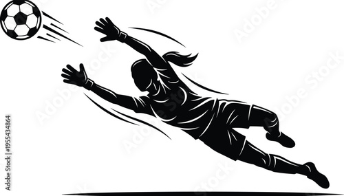 Goalkeeper diving save silhouette, soccer action, football keeper jump, sports moment, ball defense, dynamic motion, athletic performance, isolated black figure