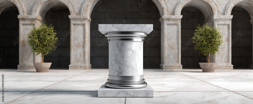 Naklejka premium This white granite column pedestal adorned with a silver band stands like a regal sentinel.