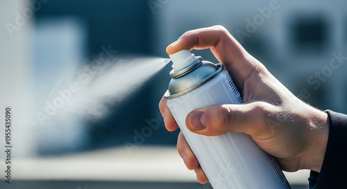 Hand holding and spraying a white aerosol can