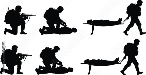 Military soldier rescue silhouettes collection with combat medic aiding wounded and carrying stretcher, battlefield emergency illustration set