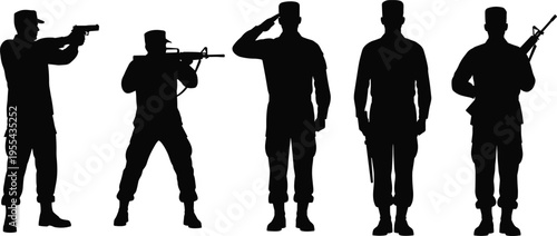 Military soldier silhouette set with pistol and rifle, army salute pose, armed forces defense, combat training concept