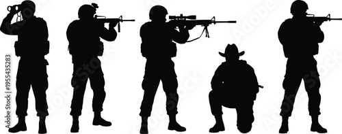 Military soldier silhouettes set with rifle, binoculars and sniper positions, army infantry tactical combat poses illustration collection