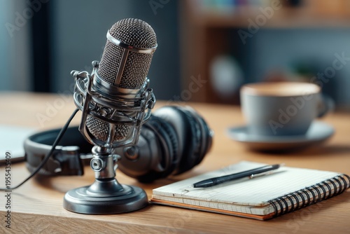 Podcast recording setup with microphone, headphones, notepad, and coffee.