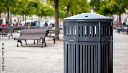 Trash can in a park setting with benches.