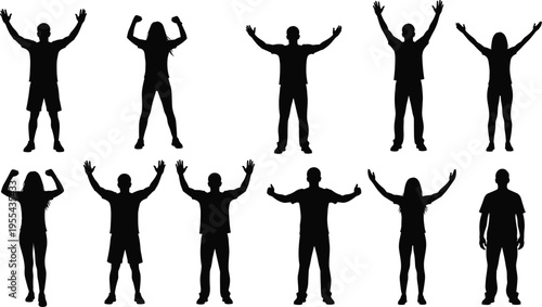 People raising hands silhouette collection, success celebration gesture set, happy men women victory pose teamwork motivation achievement vector