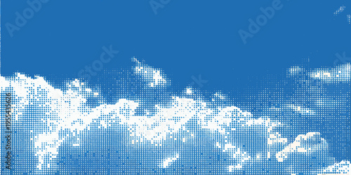 Abstract blue background with halftone pattern and scattered white shapes