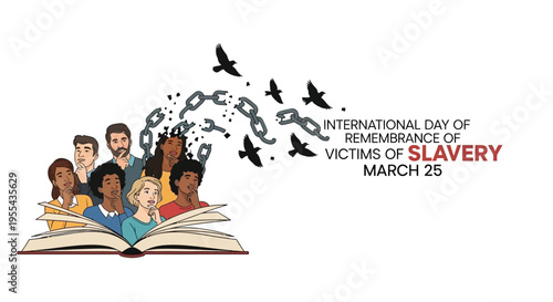 Illustration of diverse people breaking free from slavery chains while reading a book on International Day of Remembrance of Victims of Slavery with a mix of colorful and symbolic elements