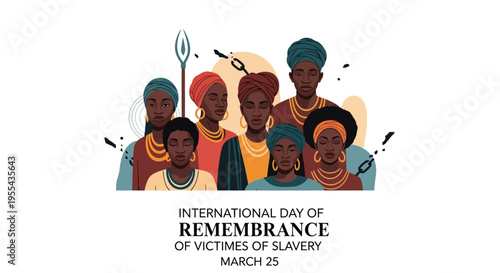 Illustration of diverse people observing International Day of Remembrance of Victims of Slavery with a solemn mood and colorful design elements on a white background.