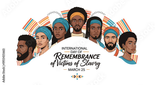 Illustration of diverse people observing International Day of Remembrance of Victims of Slavery with a design concept for awareness and human rights on a white background.