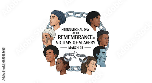 Illustration for International Day of Remembrance of Victims of Slavery with diverse faces and broken chains on white background.