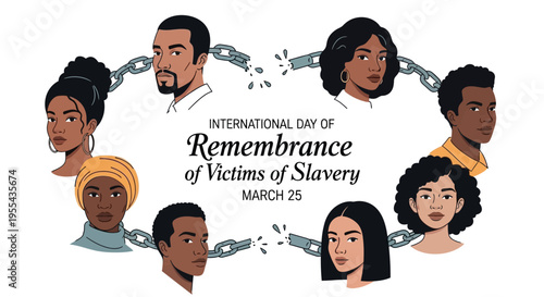 Illustration of diverse people surrounded by broken chains on International Day of Remembrance of Victims of Slavery, promoting freedom and human rights awareness with a somber mood.