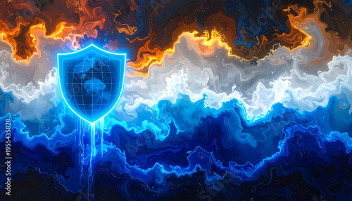 Internet security concept. Shield and globe on fire background. 3D rendering