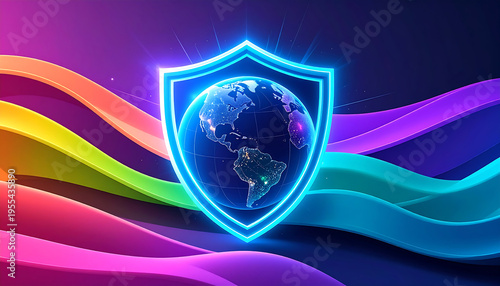 Internet security concept. Shield and globe on fire background. 3D rendering