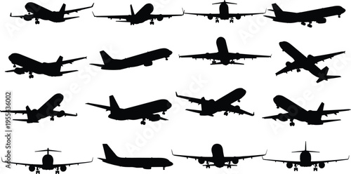 Airplane silhouettes collection landing and flying passenger aircraft jets aviation transport plane vector illustration isolated set