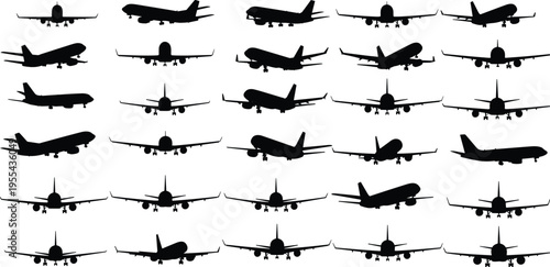 Airplane silhouette collection set, passenger aircraft landing takeoff front side views aviation transport travel vector illustration