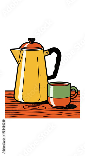 Retro stipple art illustration of a vintage yellow coffee percolator and a mug on a wooden table. Classic kitchen breakfast concept.