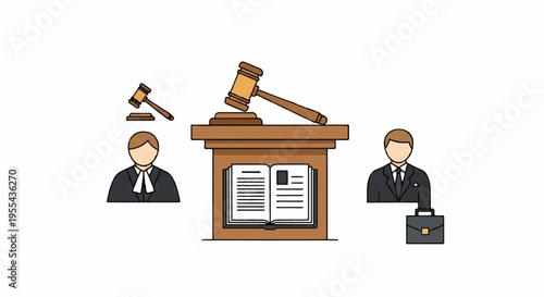 Lawyer and client discussing case with judge's gavel on desk in courtroom setting