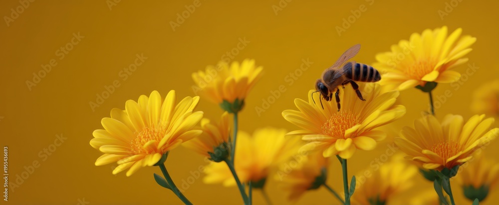 Fototapeta premium A bee dances among golden flowers sipping nectar in the sunlight's warm embrace