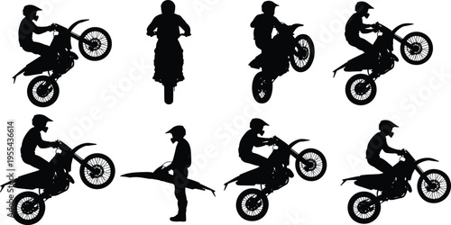 Motocross rider silhouette performing motorcycle stunt wheelie and jump extreme sports dirt bike action vector illustration set