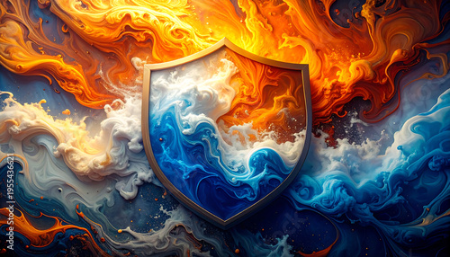 Internet security concept. Shield and globe on fire background. 3D rendering