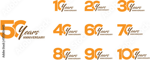 A set of anniversary celebration logos featuring numbers from ten to one hundred years on a white surface