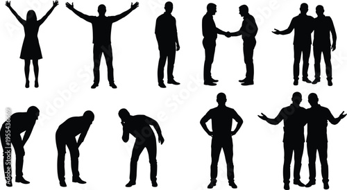 People silhouettes collection men and woman standing talking handshake gestures body language human black silhouette set isolated background