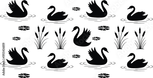 Elegant black swan silhouette pattern featuring water ripples lily pads and marsh reeds on white background for textile graphic design