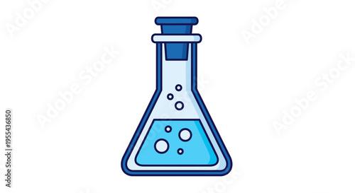 Cartoon illustration of a lab beaker containing blue liquid and bubbles isolated