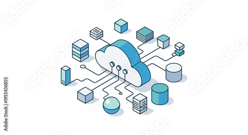 Cloud computing illustration of a network diagram showing data storage and transfer processes