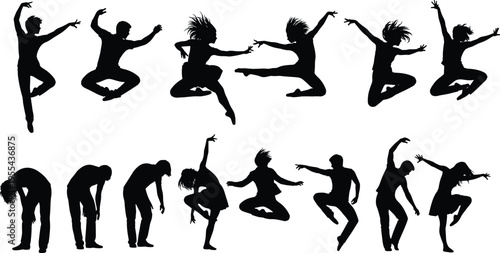 Silhouette collection of dynamic modern dancers jumping, performing ballet, contemporary dance poses, and acrobatic movements for fitness and artistic expression concepts