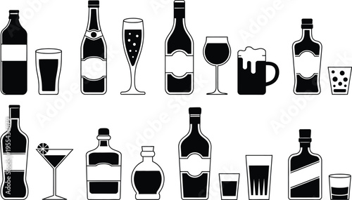 Set of alcohol bottles and glasses black silhouettes including wine beer champagne vodka whiskey and cocktail icons isolated on white background
