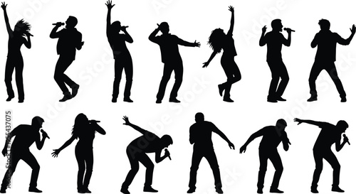Singer and dancer silhouettes performing with microphone on stage energetic music concert performance collection isolated vector illustration set