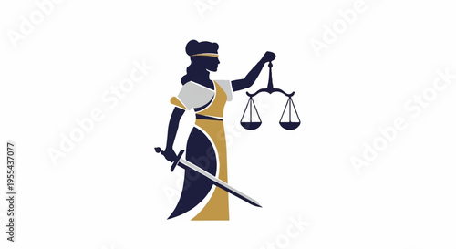 Justice scale and sword lady in yellow and blue abstract symbol for law and order balance