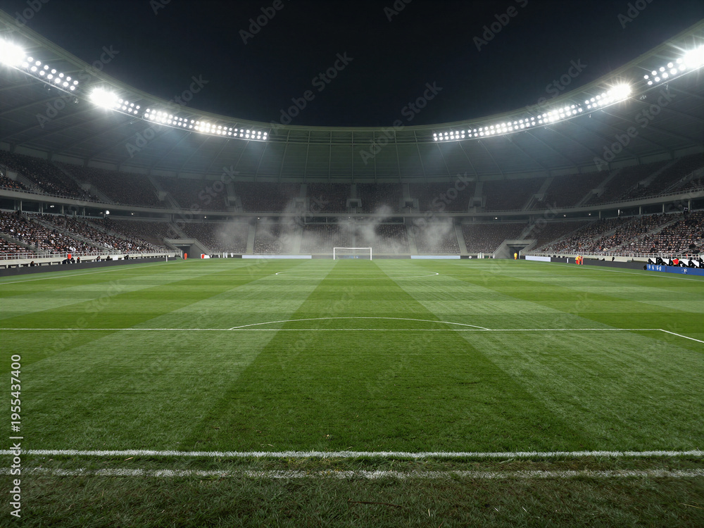 Fototapeta premium Night soccer stadium background with illuminated football field and green grass