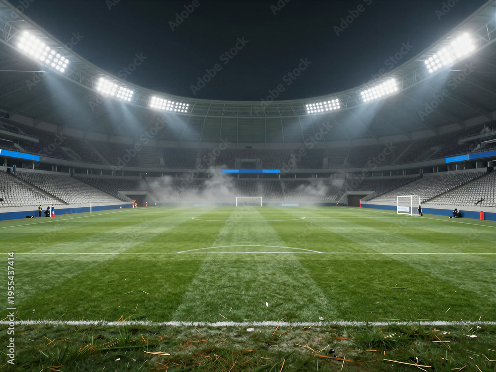 Fototapeta premium Night soccer stadium background with illuminated football field and green grass