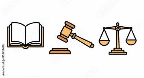 Law and justice symbols including book gavel and balance scales on white background