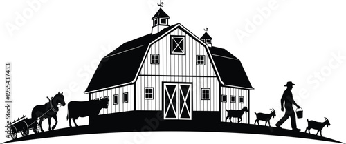 Black and white farm life silhouette illustration with barn, animals, farmer, rural agriculture scene, countryside lifestyle vector