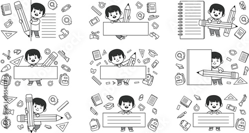 Kids studying and school activities set with stationery and learning elements line art vector illustration