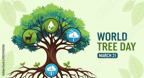 World tree day illustration with tree roots and icons on green background celebrating nature