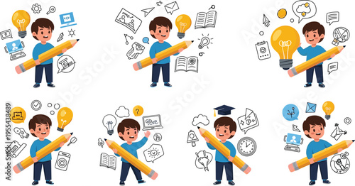 Kids learning and education concept set with boy holding pencil and knowledge icons vector illustration