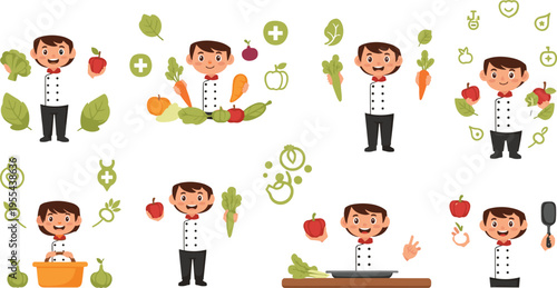 Cute chef kids with vegetables and healthy cooking activities cartoon vector illustration